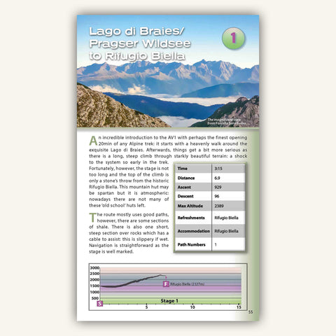 Route intro with elevation profile in Knife Edge Outdoors Guidebook to Italys Dolomites AV1 trek