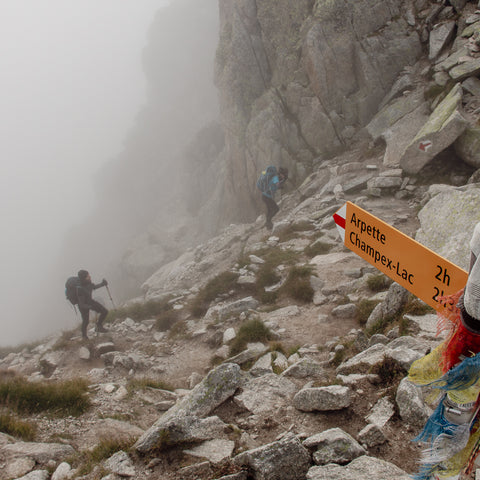 Misty conditions at Fenetre d'Arpette, a popular variant on the Tour du Mont Blanc
