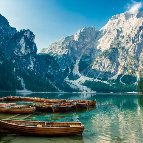 Boats on Lago di Braies on the Alta Via 1 trek