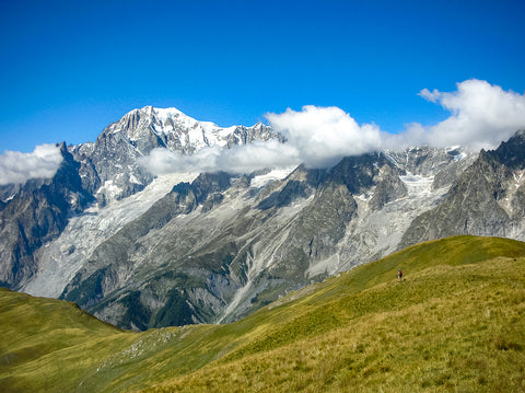 Trekker on Mont de la Saxe on the Tour du Mont Blanc trek