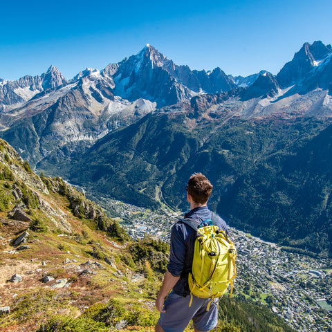 Hiker on the Tour du MOnt Blanc above the Chamonix Valley
