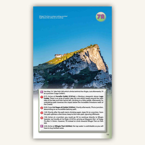 Route description and image of Rifugio Tissi in Knife Edge Outdoors Guidebook to Italys Dolomites AV1 trek