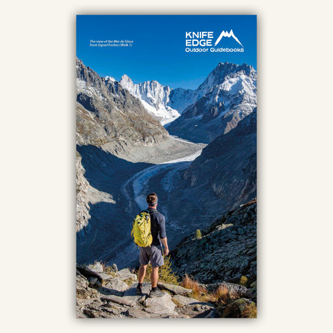 Image of hiker in front of the Mer de Glace in Knife Edge Outdoors Hiking Chamonix guidebook