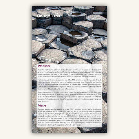 Info on weather and maps in Knife Edge Outdoors Hiking Northern Ireland Guidebook. Also an image of the stones of the Giants Causeway