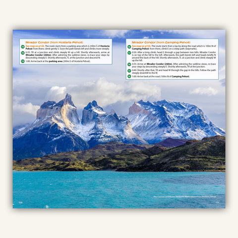 Mirador Condor trekking description in Knife Edge Outdoors Trekking Torres del Paine Guidebook together with a panoramic image of los cuernos