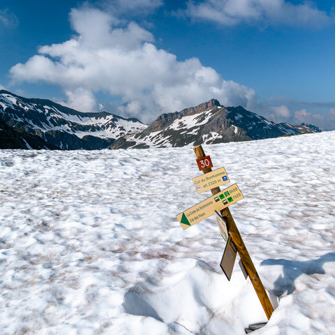 Snowy conditions at Col de Bonhomme on the Tour du Mont Blanc