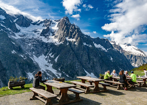Outdoor terrace at Rifugio Bonatti on the Italian part of the Tour du Mont Blanc