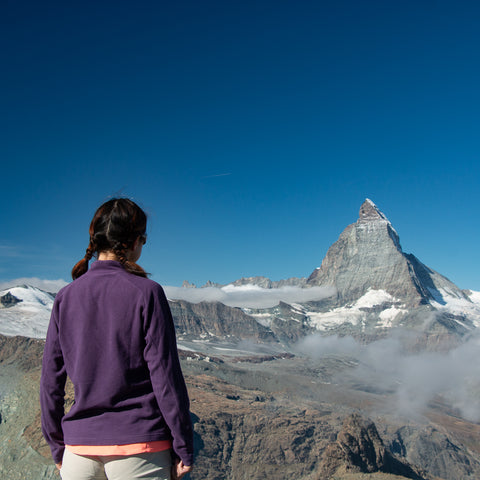 Hiker in front of the Matterhorn on the Walker's Haute Route near Zermatt