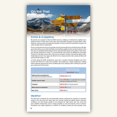 Costs and Budgets in the Knife Edge Outdoor Guidebook for the walkers Haute Route Chamonix to Zermatt