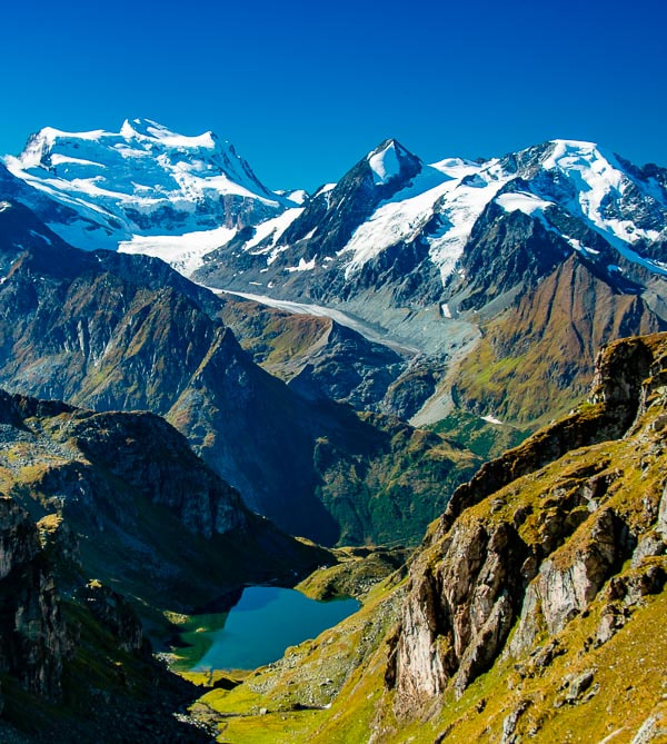 An incredible view of Grand Combin and Lac de Louvie on the Haute Route
